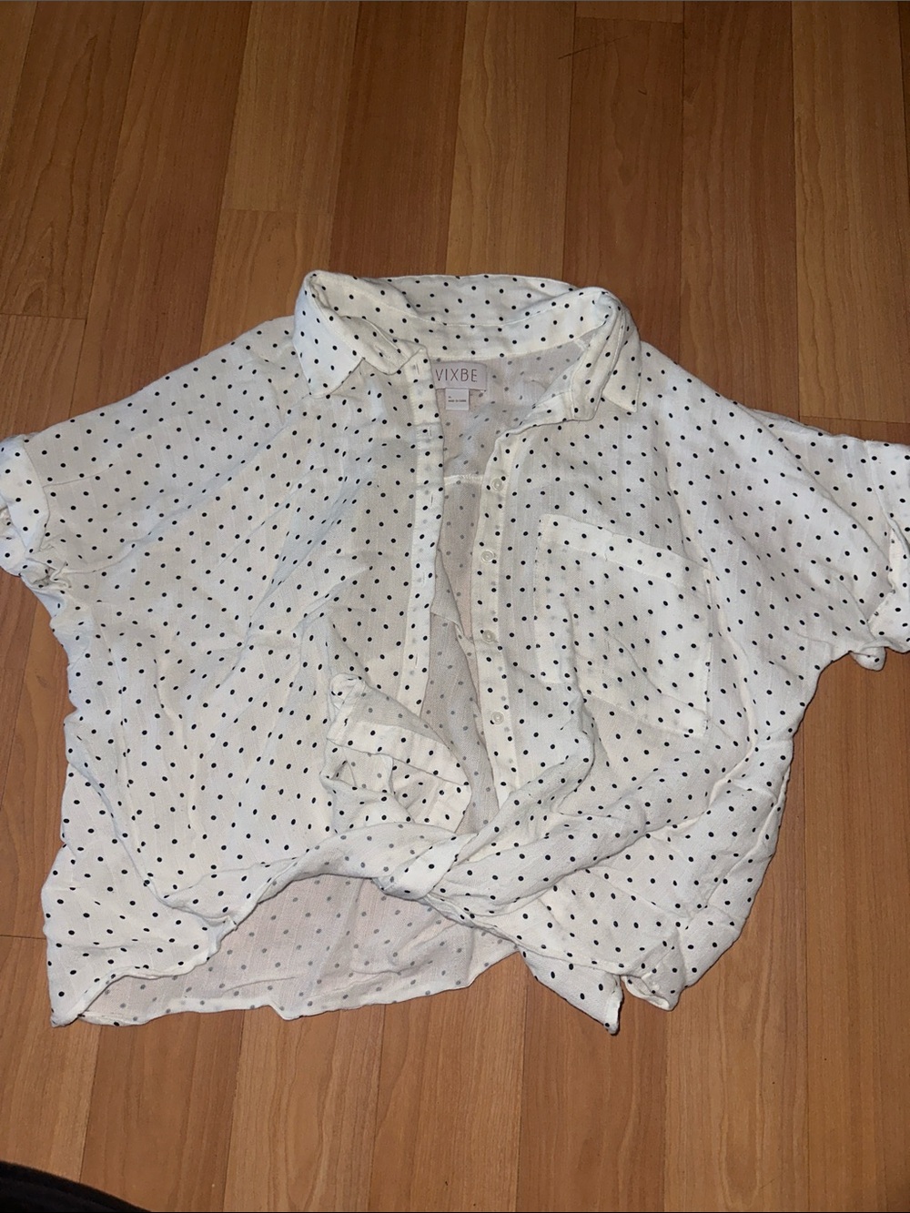 White Polka Dot Short-Sleeve Button Front Top